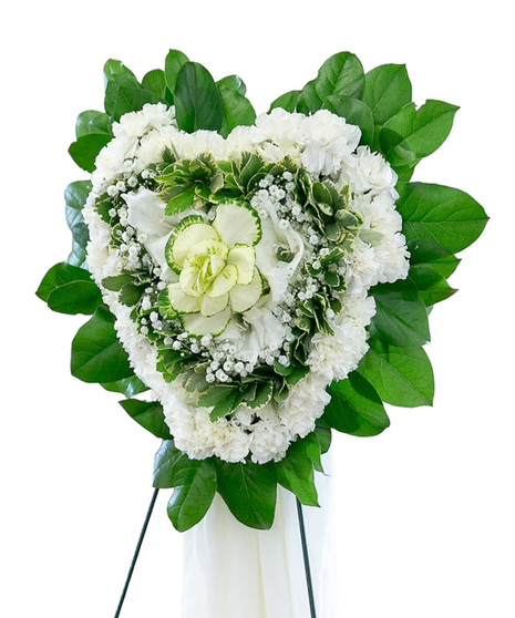 Sympathy heart of all white roses, orchids, lilies, gerbera daisies and greenery. 